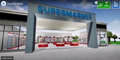 A screenshot from the Food Decisions game showing an animated supermarket.
