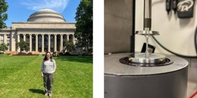 Two pictures side by side. Left: Bianca stood on the grass in front of a white, column-fronted building. Right: a machine in a lab pulling a clear, sticky liquid between two metal plates.