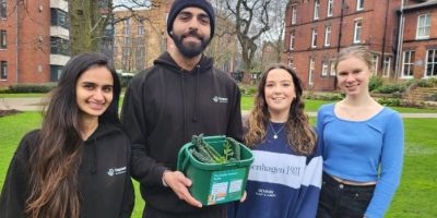 Simrun Punjabi and Husain Alogaily, who run the social enterprise Compost-it with volunteers Orla Smith and Katherine Mustard. Husain is holding a compost bin.