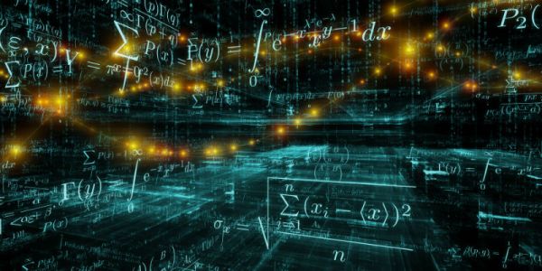An abstract image containing lots of formulas in blue and yellow light