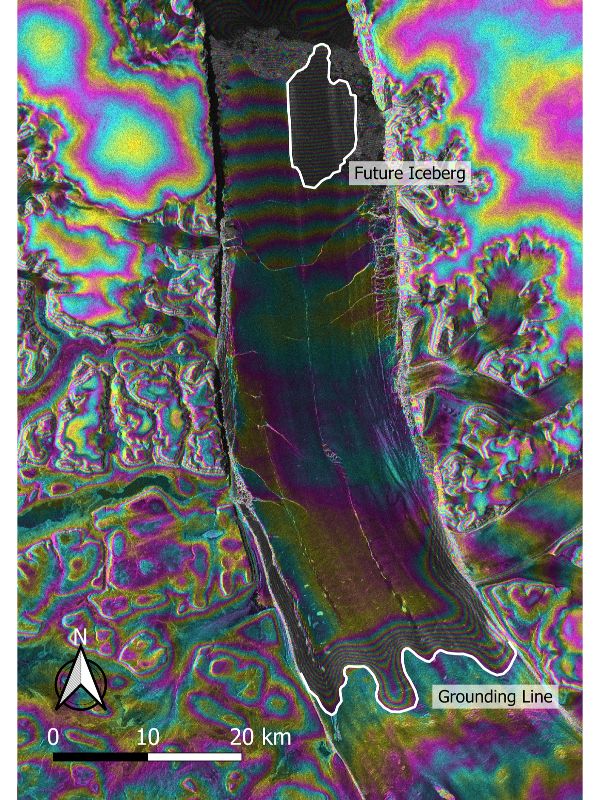 Interferogram over Petermann Glacier produced in April using InSAR. Fringes correspond to deformation, and clearly highlight the area that has become the iceberg, months before it detached