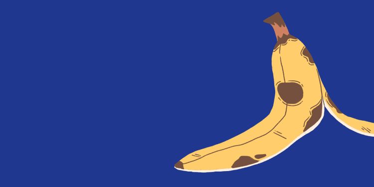 Blue background. An illustrated banana peel.