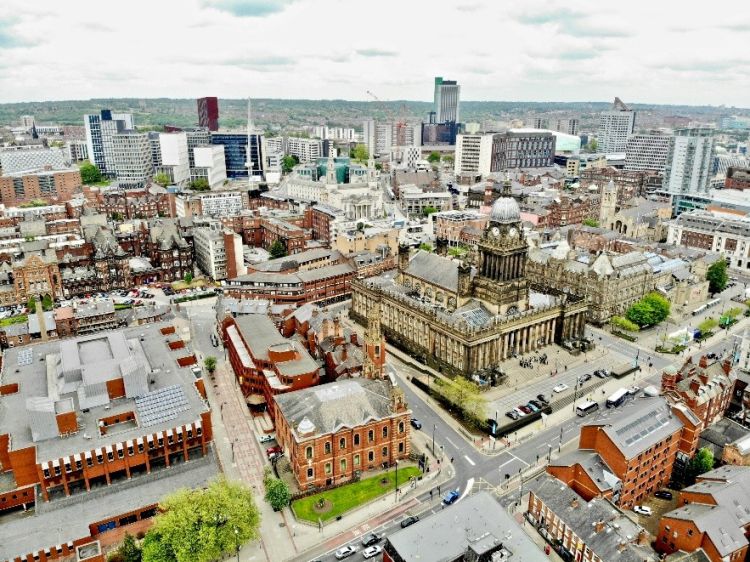 Birds eye drone image of the Headrow in Leeds