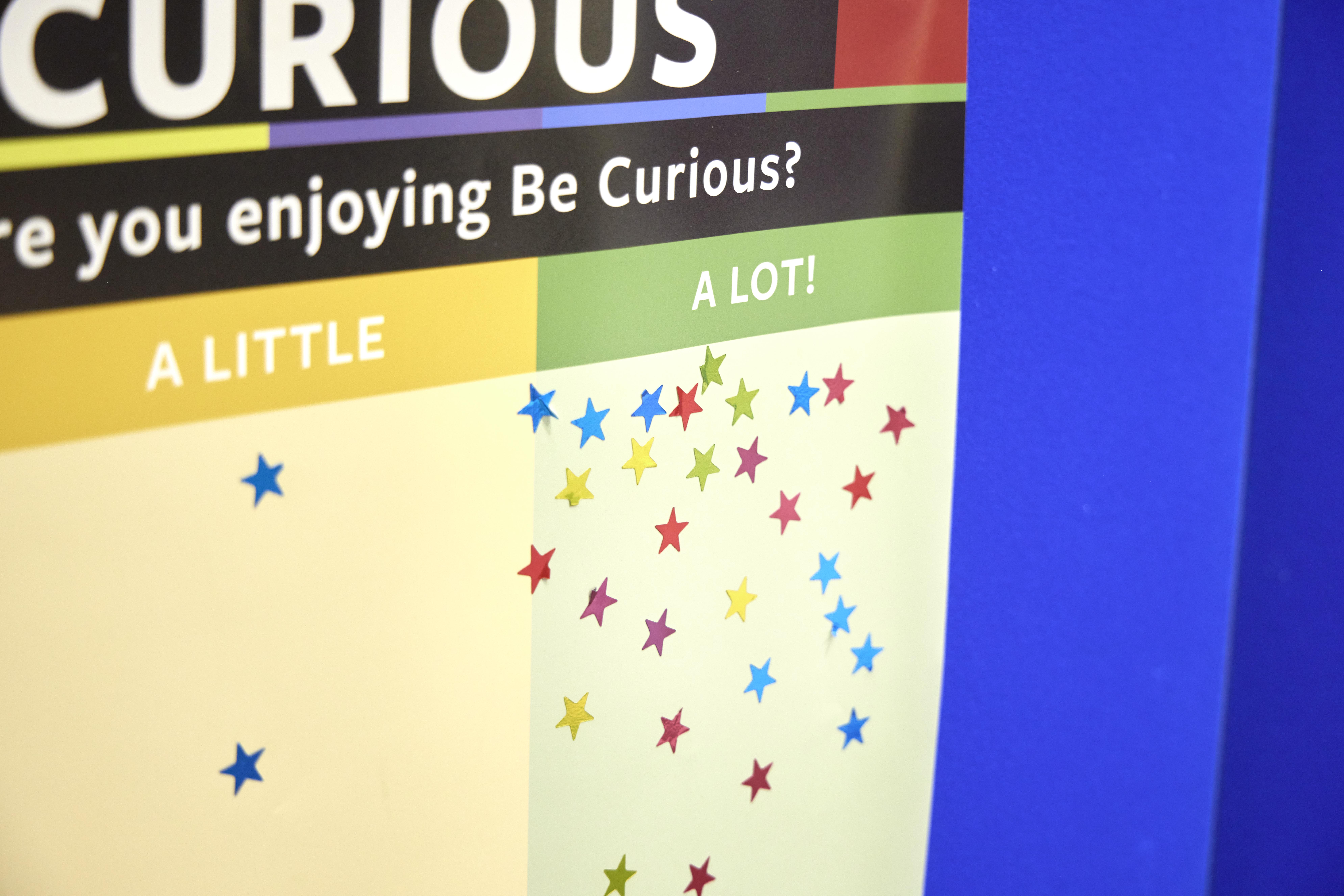 A chart titled "Are you enjoying Be Curious?" with two columns titled "A little" and "A lot!" There are lots of star stickers in the "A lot" column.