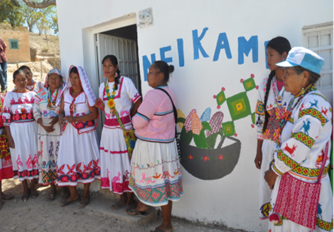 A group of women in traditional dress stood outside of a farm building.
