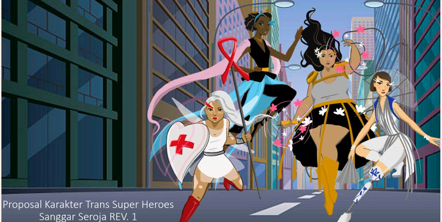 A comic book style illustration of the Four Trans Superheroes for Climate. Their character descriptions are in the text above.