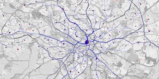 Image: Propensity to Cycle Tool, showing the estimated number of cyclist on the roads of central Leeds under the 'Go Dutch' scenario. Credit: The Propensity to Cycle Team, with basemap data provided by OpenStreetMap and cycle routes provided by CycleStreets.net.