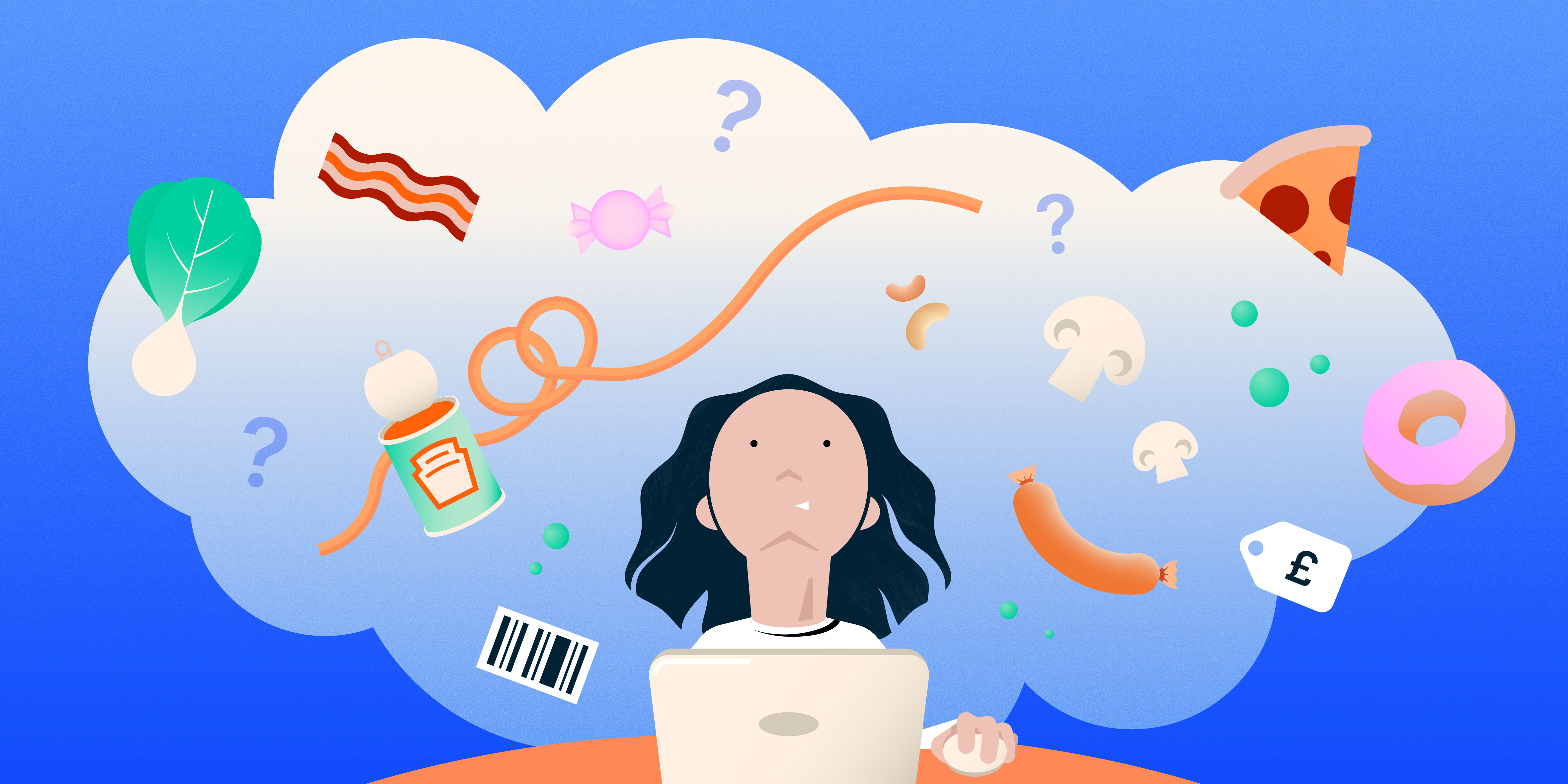 A digital illustration of someone on a laptop looking up into a cloud above their head, containing food symbols like pizza, a donut, barcodes, sausages and beans.