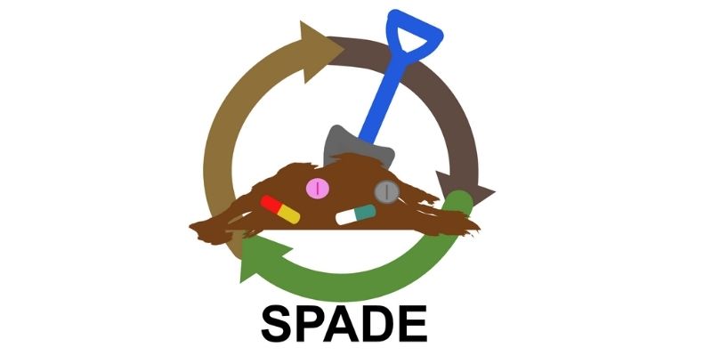 Logo for SPADE project - cartoon of a spade digging into a mound of earth filled with pills.
