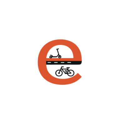 e safe logo, letter e in orange with scooter in the e space and a bicycle on the curve