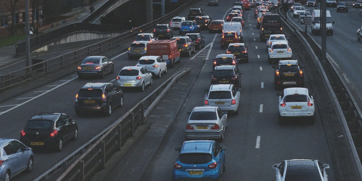 A British motorway full of cars.