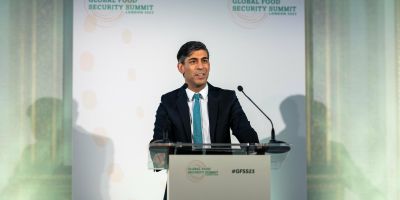 Rishi Sunak on a podium at the Global Food Security Summit 2023.