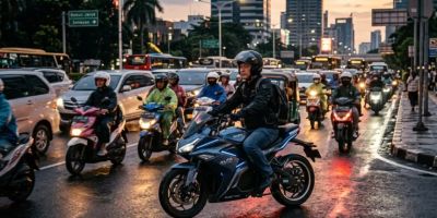 Person on a two-wheel electric motorcycle on a wide, busy road in Indonesia. He is wearing a helmet. Behind are many other riders on motorbikes, cars and buses, with high rise buildings and palm trees in the background.