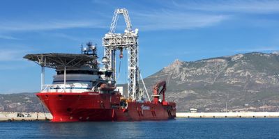 Drilling vessel Fugro Synergy preparing for IODP Expedition 381 in the port of Corinth, Greece. Photo courtesy of C. Cotterill (ECORD/IODP).