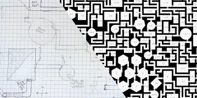 A map of chambers of different shapes covering the space. The left half is hand drawn, the right is digital.