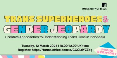 An event poster. A pale green background with yellow, white, blue and pink text that reads 