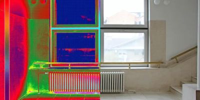 Infrared image compared to a normal image of a radiator in a stair well against a tall window - revealing where most heat is lost from a house.