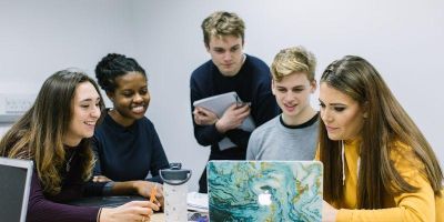 Students from the Faculty of Environment at the University of Leeds studying together.