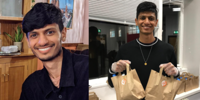 Two photos of Dhilan. Left is a portrait of him smiling. Right is him carrying two brown bags, food parcels, as he volunteers in Leeds.