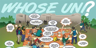 A clip of the Whose Uni? poster. An illustration of students at University, each with speech bubbles. Full text is below in the news article.