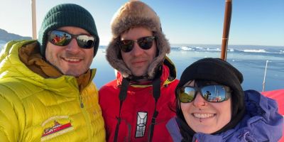 Dr Will Homoky, Dr Alastair Lough and Chiara Krewer onboard the RRS Sir David Attenborough, having reached Antarctica.