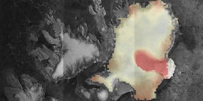 the rate of ice cap elevation change between 2010 and 2014 observed by the CryoSat satellite, which is overlaid onto an image acquired by the Sentinel-1A satellite. Red regions show where the ice surface has lowered due to ice loss. Image credit: CPOM/GRL