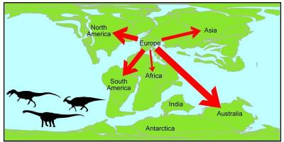 A map showing the migration of dinosaurs from Europe during the Early Creaceous period (125-100 million years ago). Credit: Alex Dunhill, University of Leeds