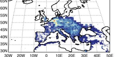 The map shows the number of premature deaths prevented each year due to the introduction of European Union (EU) policies and new technologies to reduce air pollution. The numbers given are for a 4km by 4km grid square.