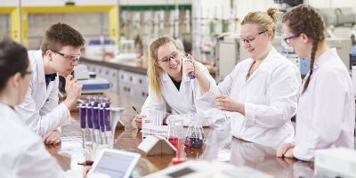 Food science and nutrition students watch a demonstration in the University of Leeds food lab