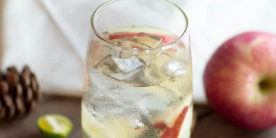 A glass with ice and apple cider vinegar, with an apple in the background