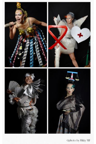 A photobooth style collection of photos. The four Trans Superheroes for Climate, wearing outfits from recycled materials. They each symbolise different traits. Their names and descriptions are below in the text.