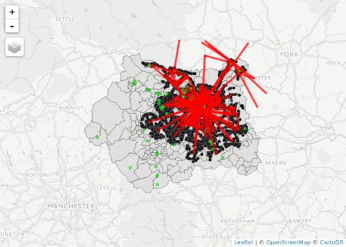 Image showing routes into Leeds where car trips could be replaced by cycling then catching the bus.