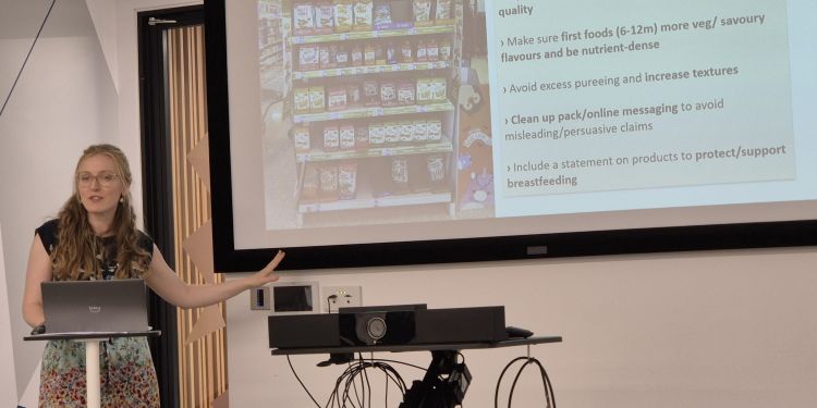 Dr Diane Threapleton talks about the Nutrient and Promotion Profile Model. Her slide shows a display of baby food and some recommendations around how to improve their nutrition and promotion. 