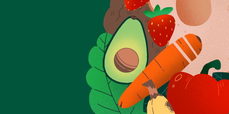 A green background with illustrated food including carrots, avocado, a strawberry and an egg.