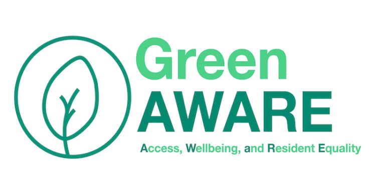 Text in green saying 'Green AWARE: Greenspace access, wellbeing, and resident equality', and a green icon of a leaf in a circle
