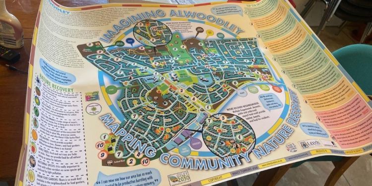 A map created by the disused land project, with illustrations of green space. The title reads Mapping Alwoodley Community Nature Recovery