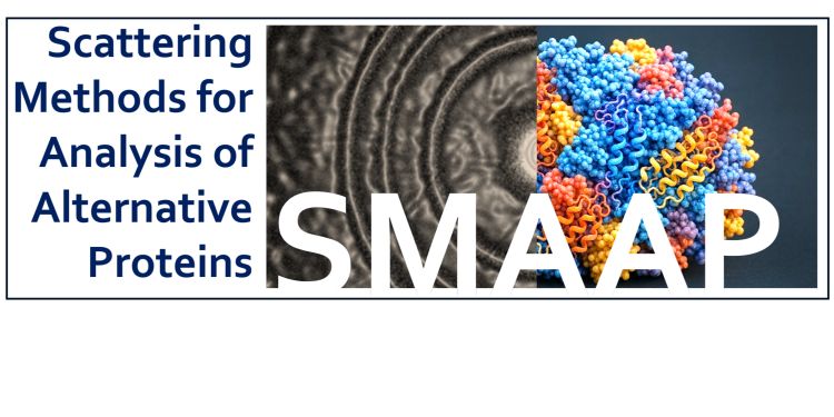 Text reads "Scattering Methods for Analysis of Alternative Proteins: SMAAP" over a close up microscopic image of protein