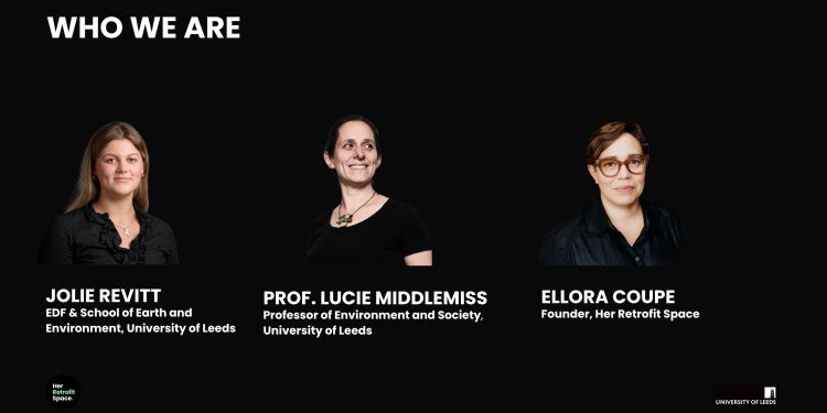 PowerPoint slide with a black background and three separate photograph portraits of Jolie Revitt, Prof Lucie Middlemiss, and Ellora Coupe