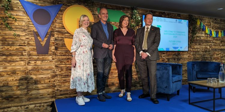 Key speakers at the Yorkshire Sustainability Festival (from left) Tracy Brabin, Mayor of West Yorkshire; Kevin McCloud, presenter of Grand Designs; Kate Hutchinson, Founder of the YSF; Professor Nick Plant, Deputy Vice Chancellor: Research and Innovation