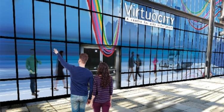 Glass building with Virtuocity lettering and people looking on