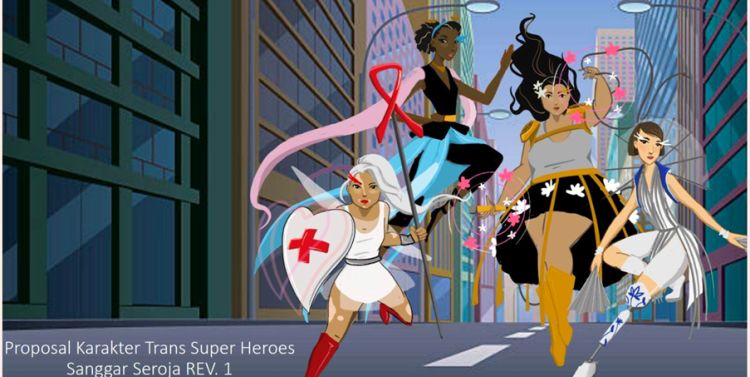 A comic book style illustration of the Four Trans Superheroes for Climate. Their character descriptions are in the text above.
