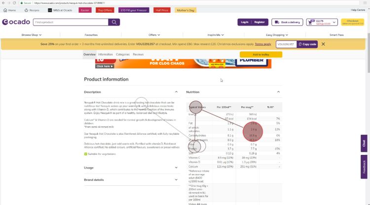 The product description for Nesquik hot chocolate on the Ocado website. There are grey and red circles over the nutritional information - the circles show the tracked eye-movement of the user.