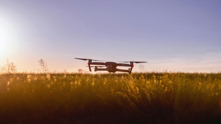 photo of a drone hovering over a wheat field