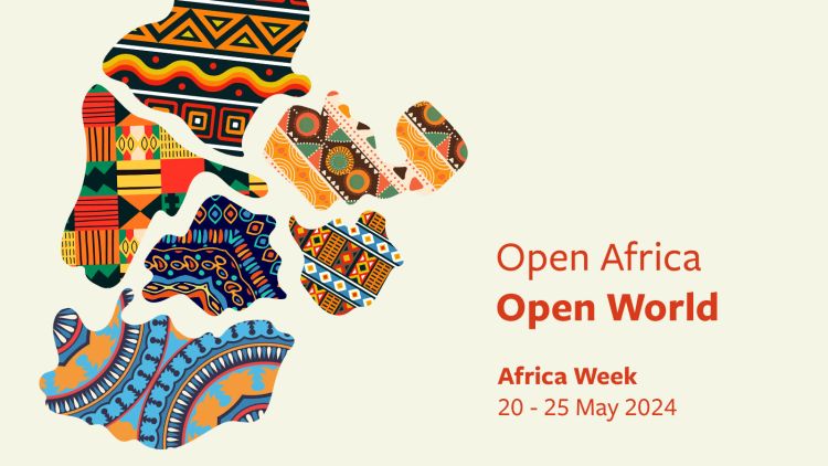Poster with decorative shapes in bright colourful patterns. Text reads: Open Africa Open World Africa Week 20 - 25 May 2024
