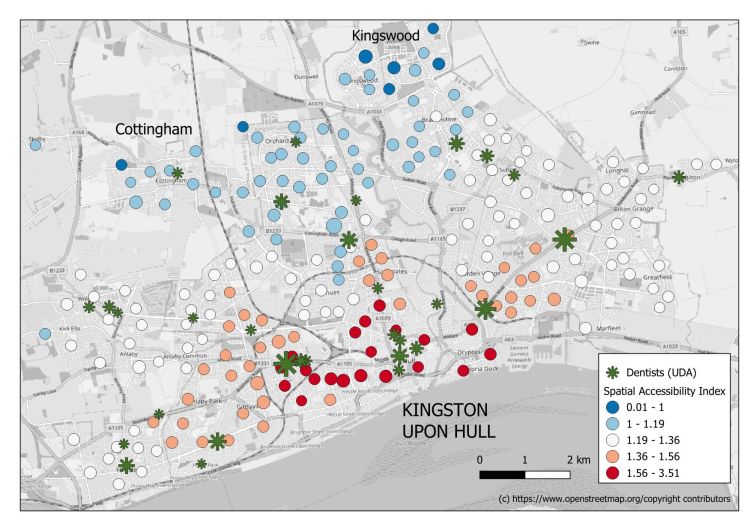 A map of Kingston upon Hull, with coloured dots showing the capacity of dental practices. The city centre has more capacity, whereas the suburbs have less.