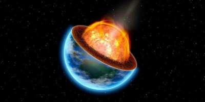 Illustration of the earth cut in half revealing the super core.