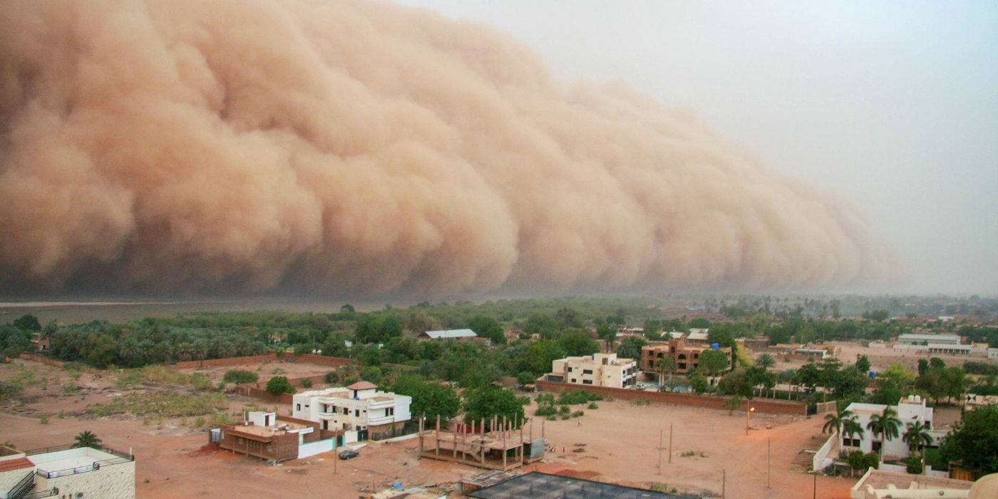 A village on the edge of a desert about to be engulfed by a sandstorm.