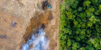 Aerial view of a patch of cleared rainforest is cultivated by a digger, with smoke from a fire rising into the sky