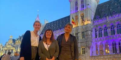 Ellen Dyson and Rachel Helbig with Professor Louise Dye in Brussels