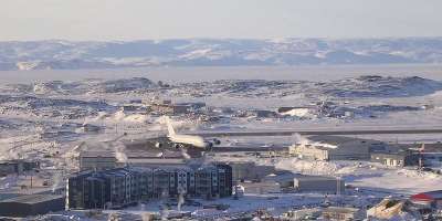 A photograph of an Airbus A380 arrives for cold weather testing at Iqaluit, Nanuvut, Canada.